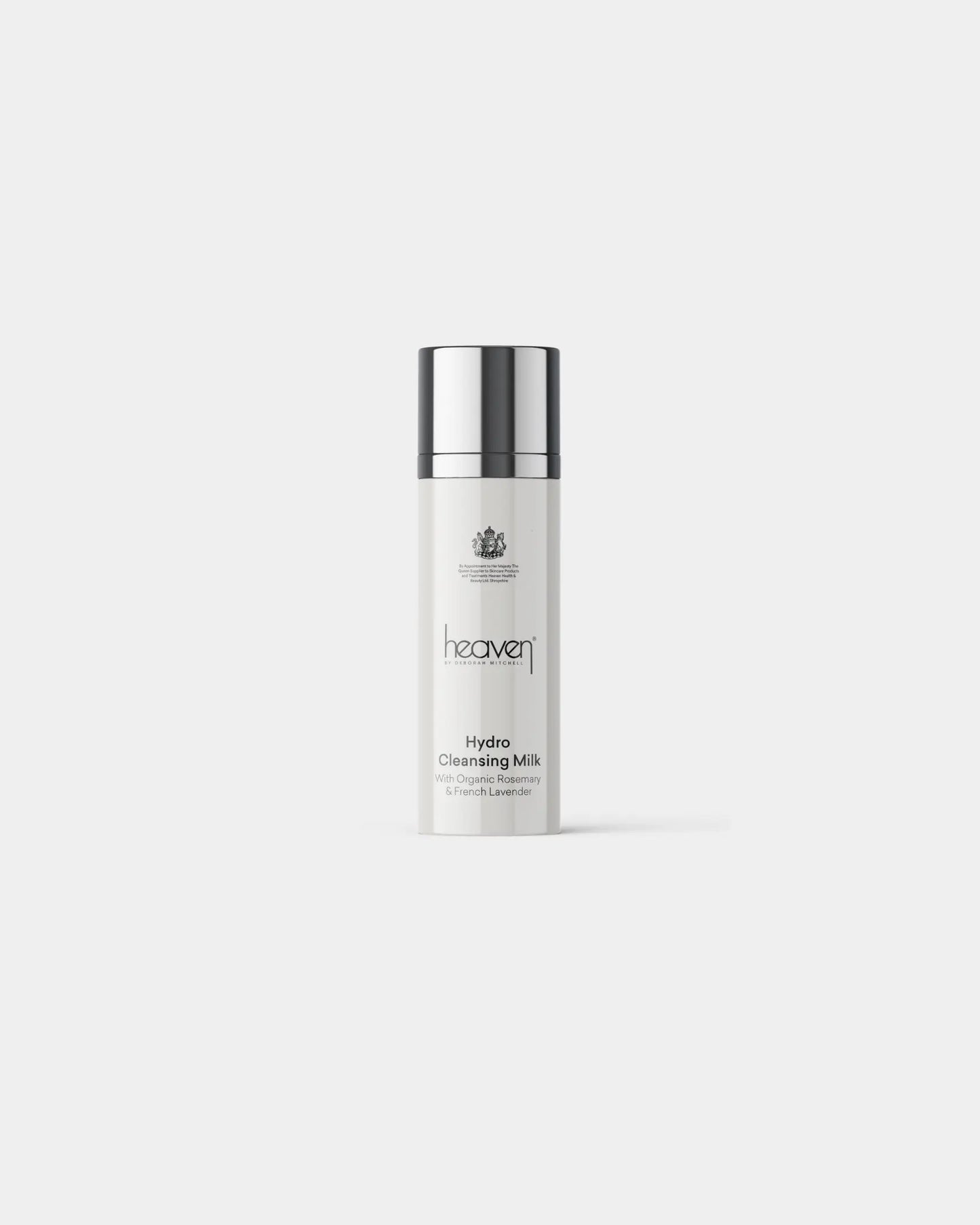 Heaven Hydro Cleansing Milk in a white bottle with a silver pump top.