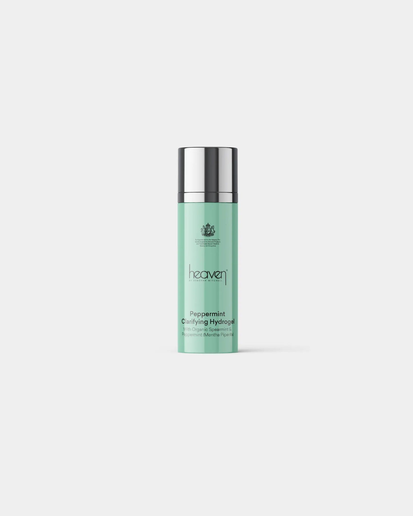 Heaven Peppermint Clarifying Hydrogel in a mint green bottle with a silver pump.
