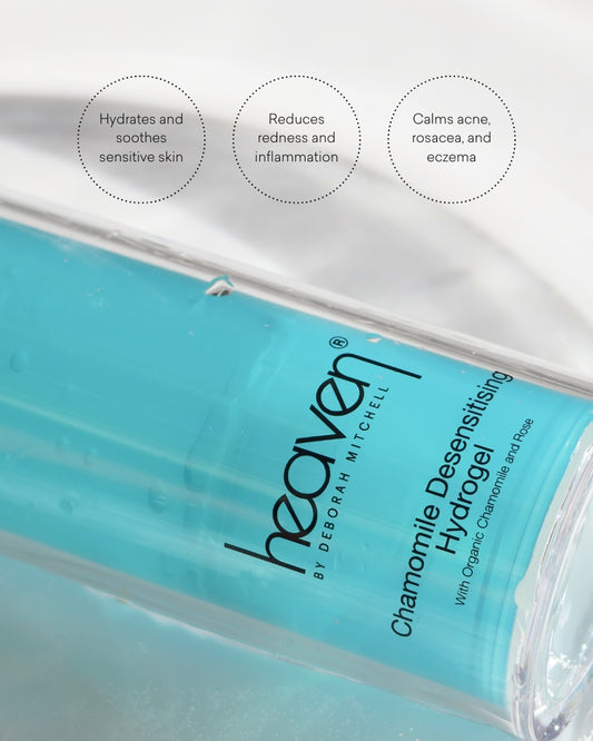 Heaven by Deborah Mitchell Chamomile Hydrogel packaging with text on benefits.