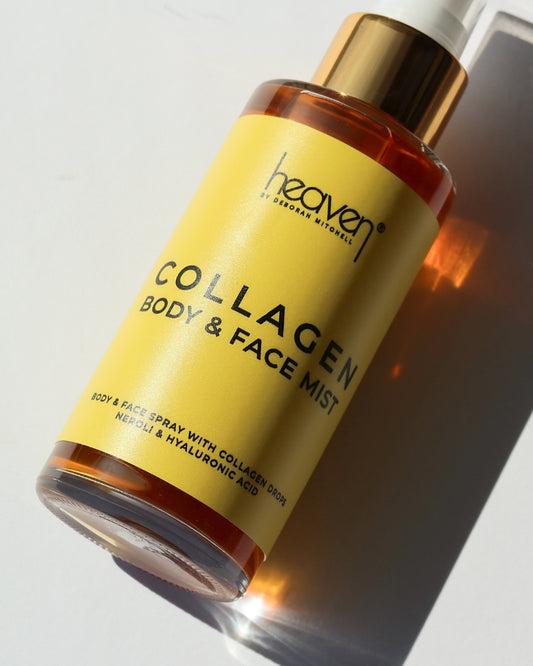 Bottle of heaven Collagen Body & Face Mist lay flat on a white background. Bottle has a bright yellow colour and the product itself is a rich golden tone.