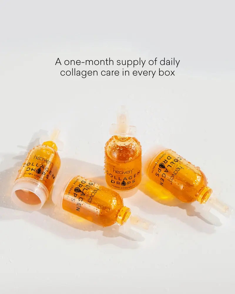 Four orange bottles labeled 'Collagen Drops' on a light gray background with text about daily collagen care.