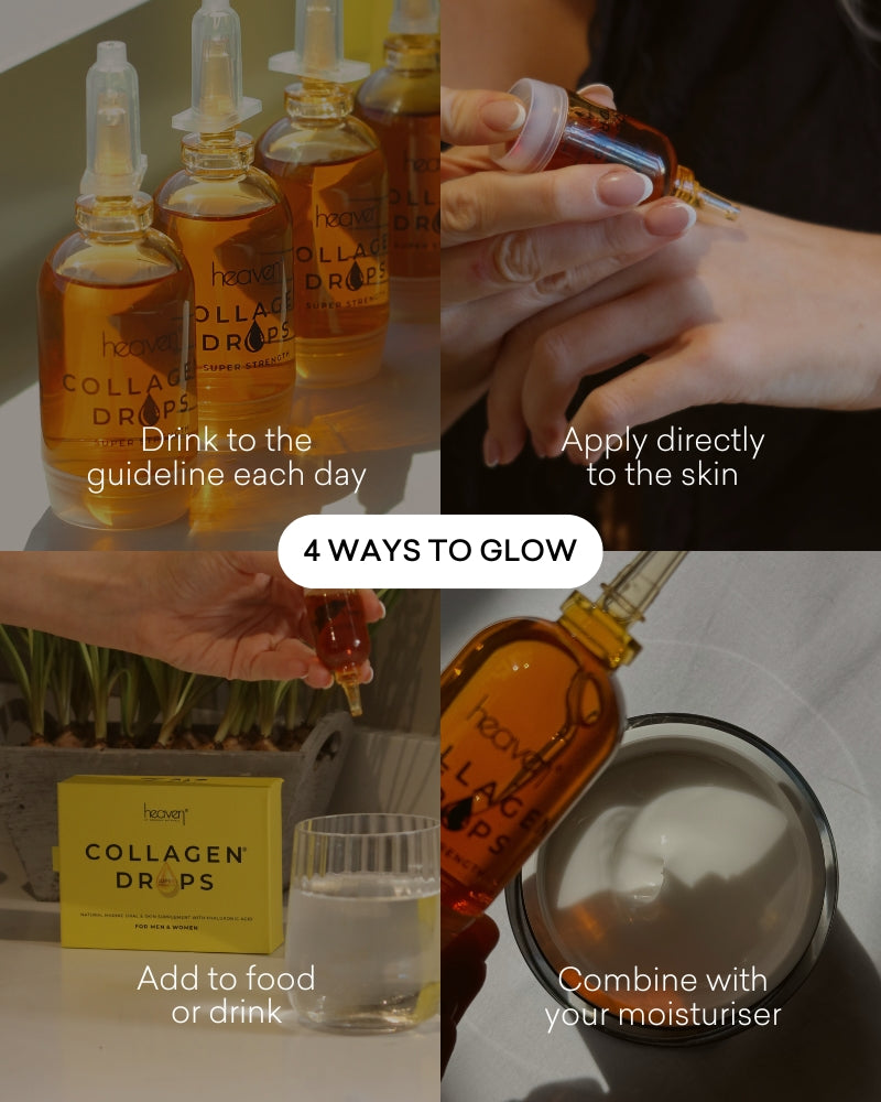 Collagen drop bottles with usage instructions on a neutral background