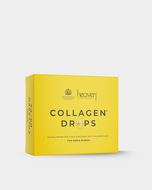 Yellow box of 'heaven' collagen drops on a white background
