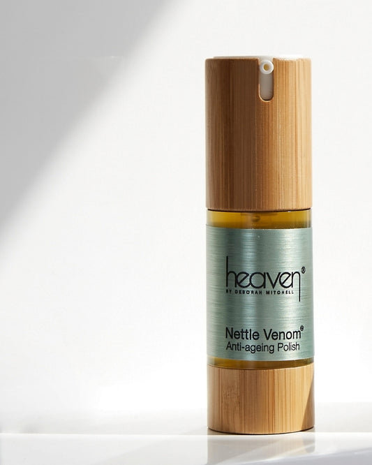 Skincare bottle labeled 'Nettle Venom Anti-ageing Polish' by 'heaven' on a white background