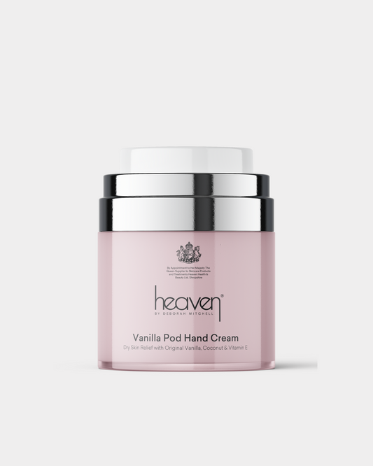 Pink Vanilla Pod Hand Cream jar with silver lid on a white background