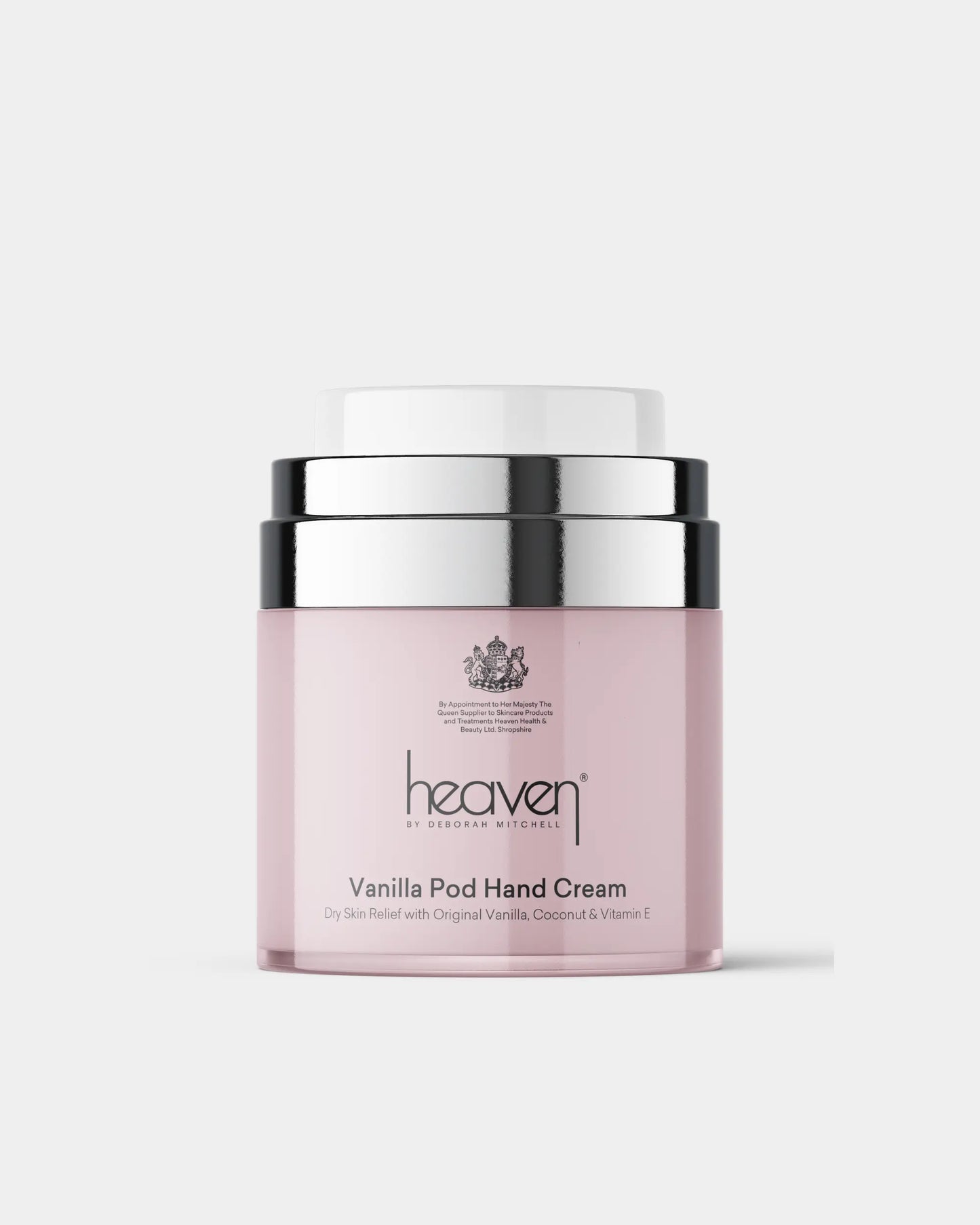 Pink Vanilla Pod Hand Cream jar with silver lid on a white background