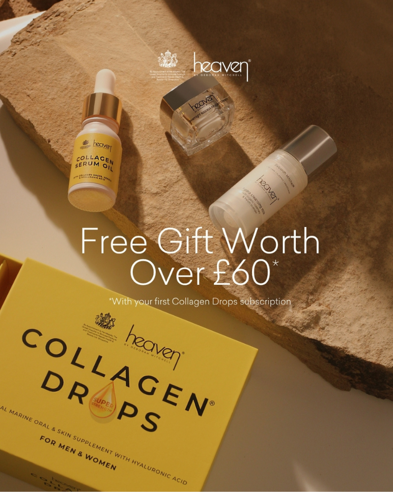 Collagen Serum Oil, Hydro Cleansing Milk, Overnight Success Cream,  and Collagen Drops on a stone surface.