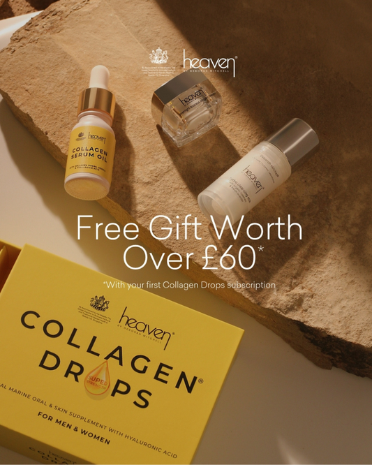 Collagen Serum Oil, Hydro Cleansing Milk, Overnight Success Cream,  and Collagen Drops on a stone surface.