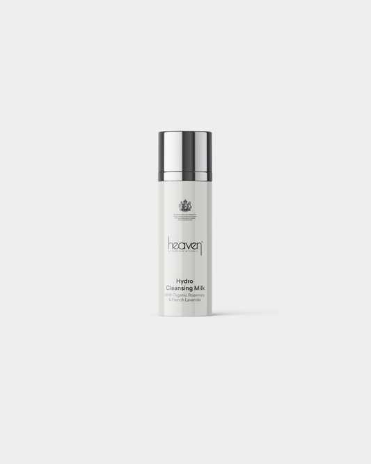 Heaven Hydro Cleansing Milk in a white bottle with a silver pump top.
