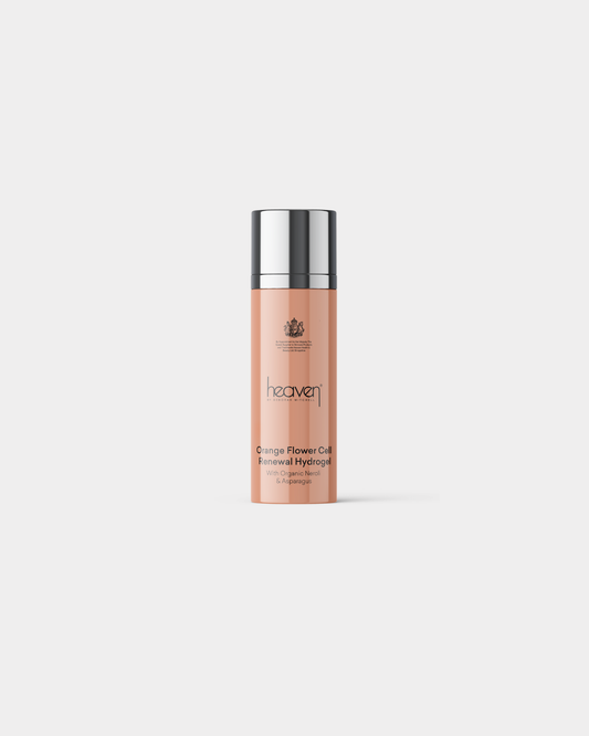 Orange Flower Cell Renewal Hydrogel sample in a peach bottle with a silver pump.