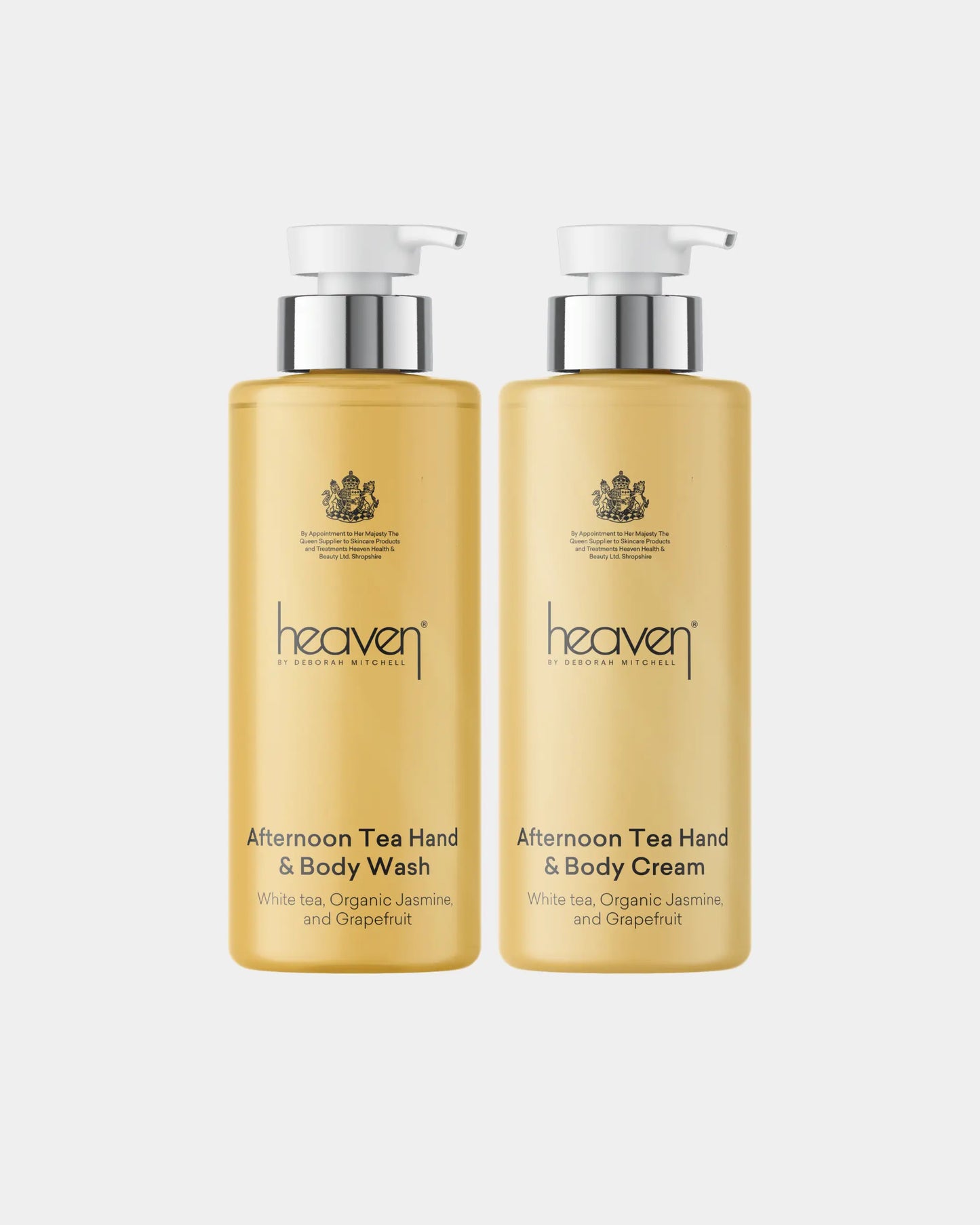Two bottles of 'heaven' Afternoon Tea Hand & Body Wash and Cream on a white background