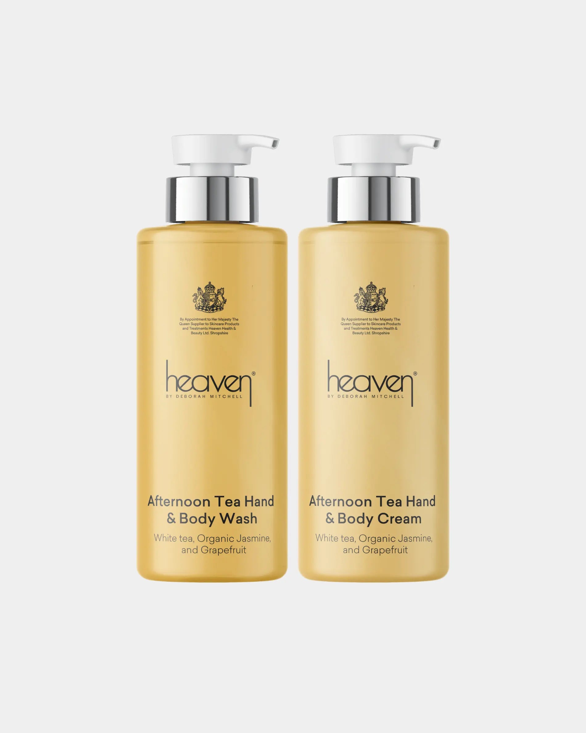 Two bottles of 'heaven' Afternoon Tea Hand & Body Wash and Cream on a white background