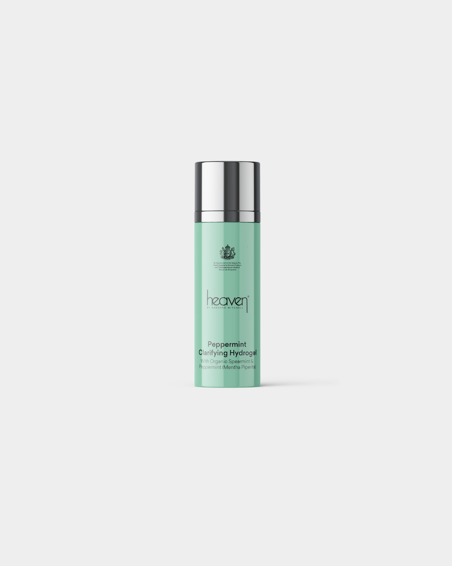 Heaven Peppermint Clarifying Hydrogel in a mint green bottle with a silver pump.