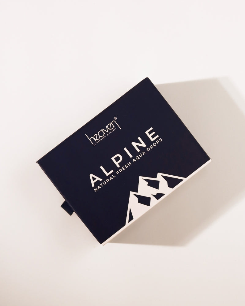 Box of 'Alpine' natural fresh aqua drops with mountain design on a white background
