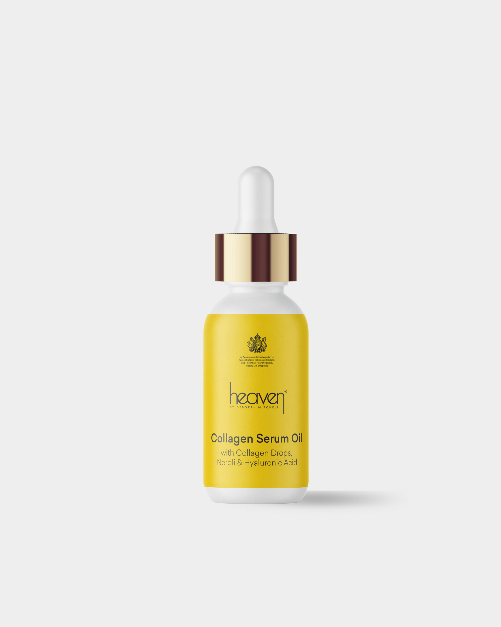 Yellow bottle of collagen serum with a dropper on a white background