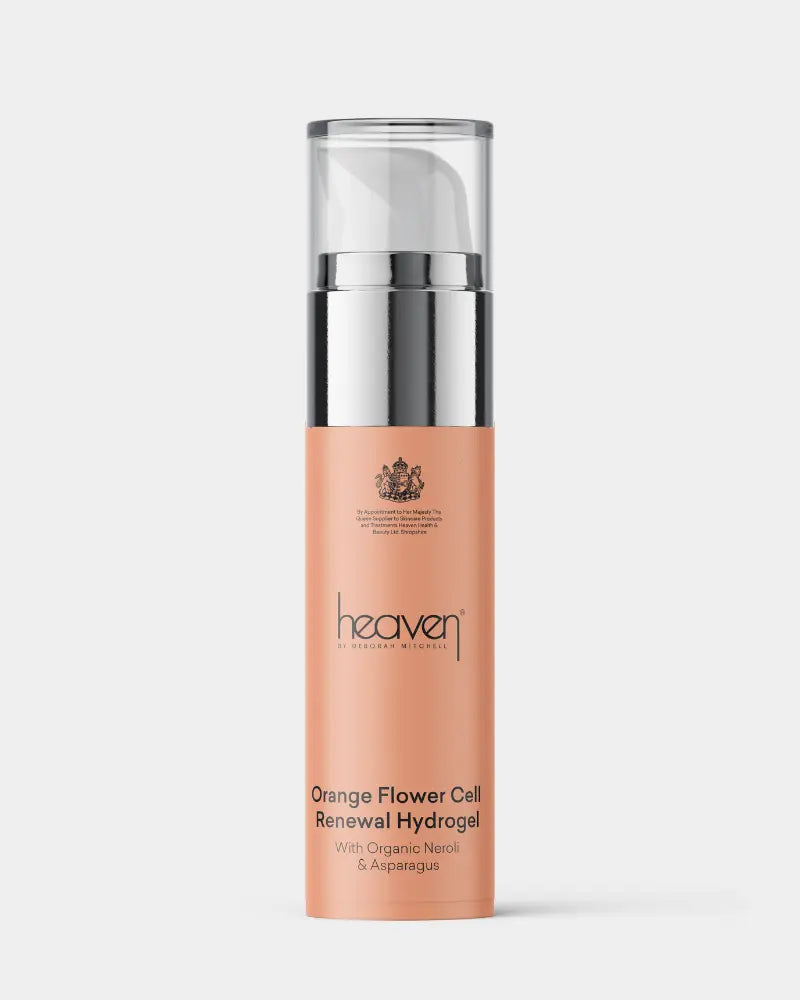 Orange flower cell renewal hydrogel product shot. Orange bottle with clear lid. Appears on a white background.