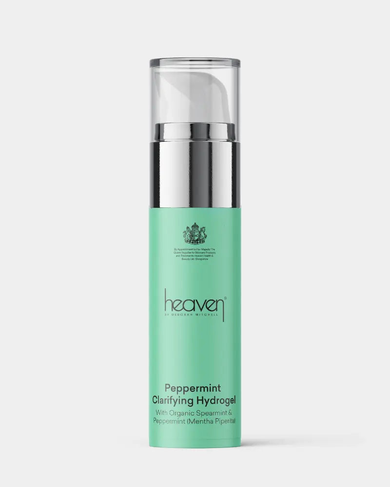 Green Peppermint clarifying hydrogel skincare bottle with silver cap on a white background