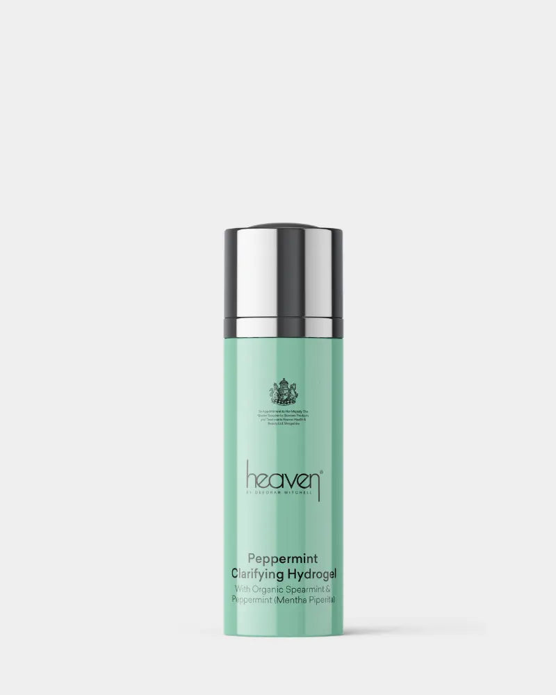 Small peppermint clarifying hydrrogel in green bottle with white background.